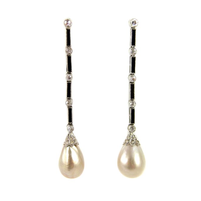 Pair of natural drop pearl, diamond and onyx pendant earrings | MasterArt